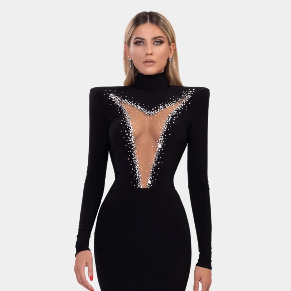 ALBINA DYLA Black Evening Gown with Mermaid Sweep Train